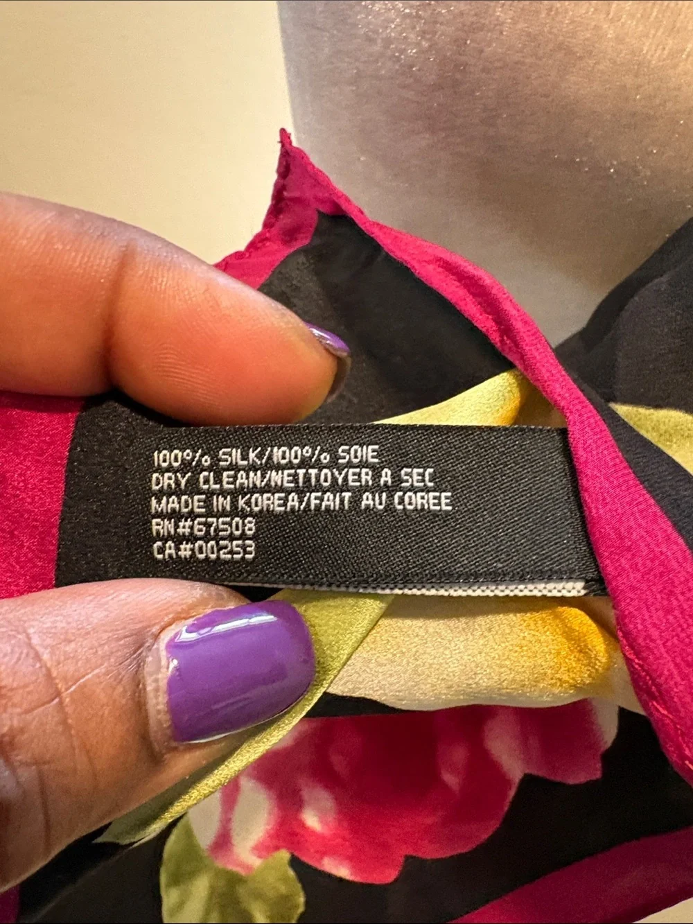Jones New York Black Floral Silk Scarf with Pink Trim